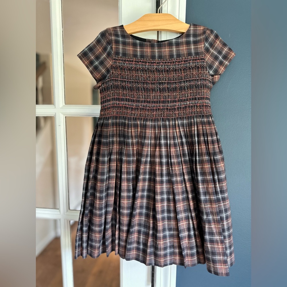 Bonpoint Brown and Navy Plaid Smocked Cotton Dress